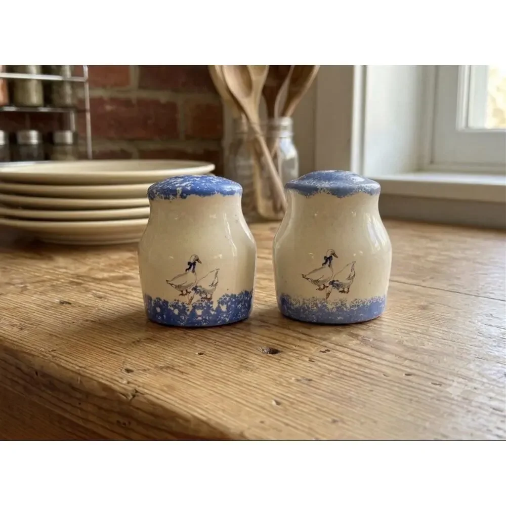 Vintage Blue & White Spongeware Goose Salt and Pepper Shakers